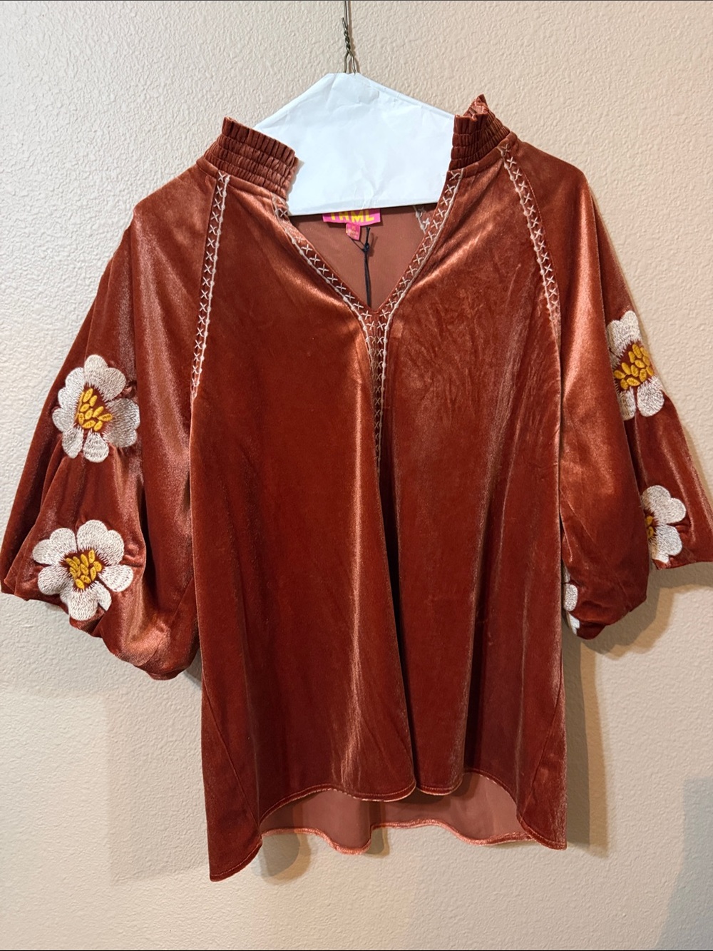 THML Rust Velvet Embroidered Puff-Sleeve Tunic